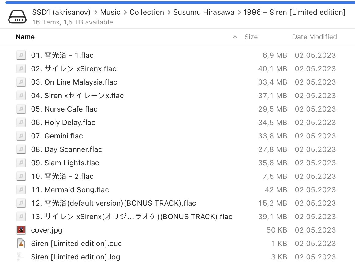 FLAC files for Susumu Hirasawa's album Siren in Finder