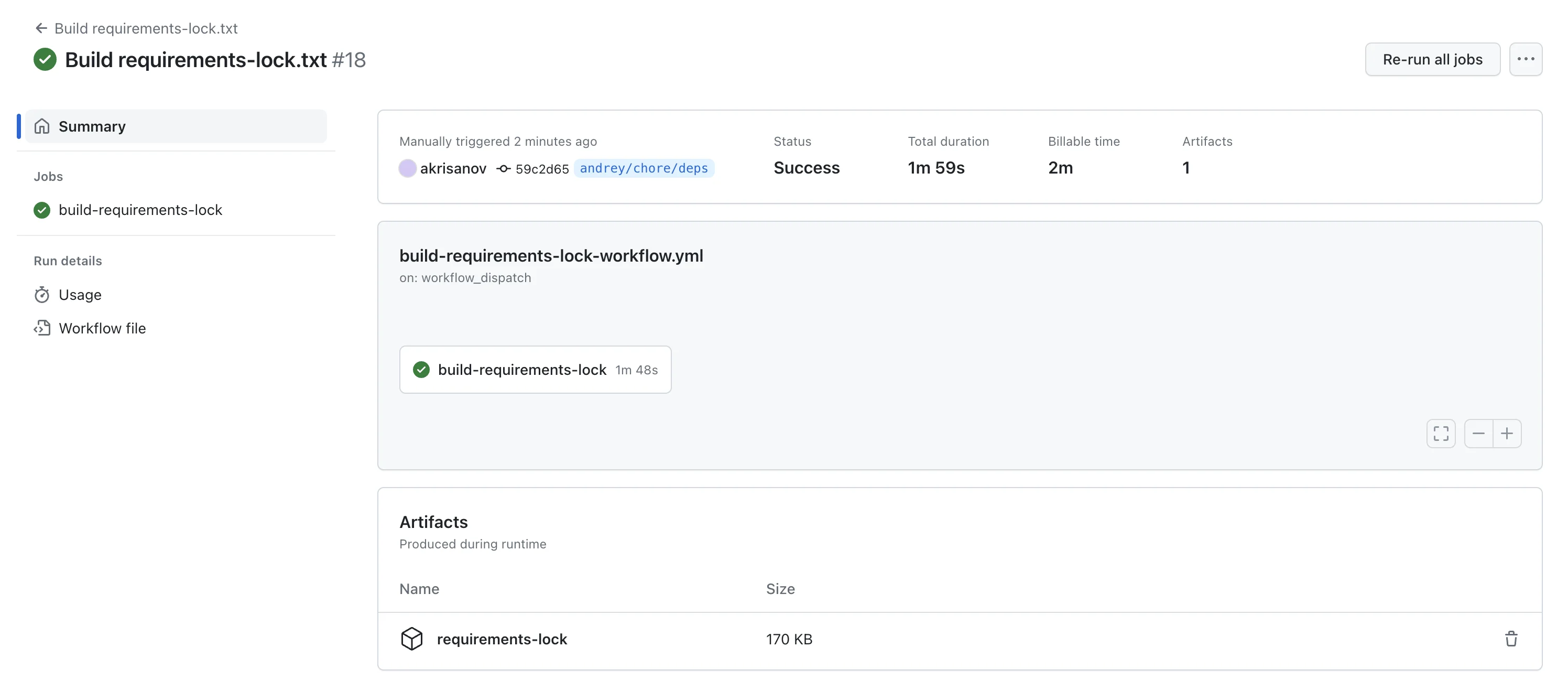 GitHub Actions page showing a successful lockfile workflow run